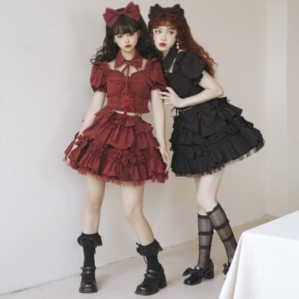 Conjunto de vestido de lolita rojo vino dulce chica caliente kawaii