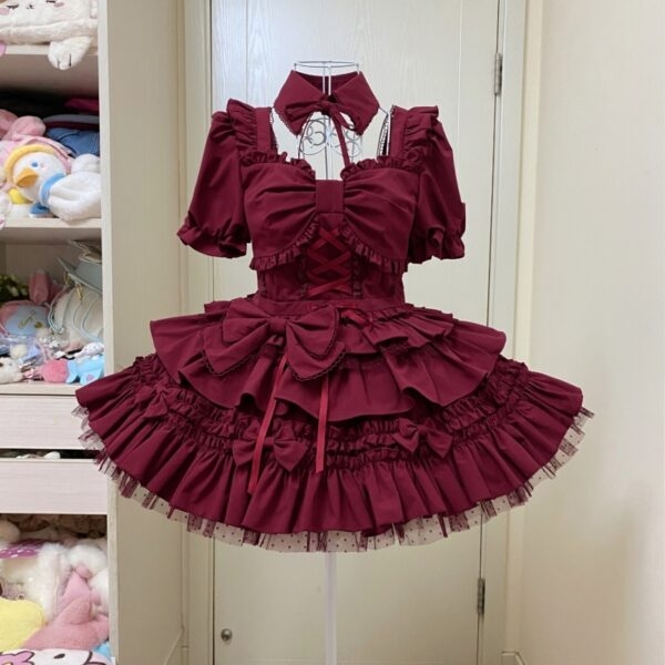 Conjunto de Vestido Lolita Vinho Doce Tinto Garota gostosa kawaii