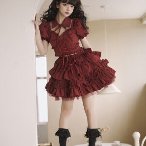 Conjunto de vestido de lolita rojo vino dulce chica caliente kawaii