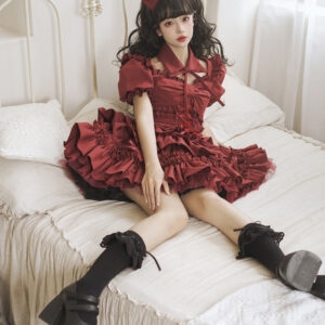 Süßes weinrotes Lolita-Kleiderset Heißes Mädchen kawaii