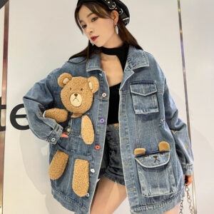 Linda jaqueta jeans de urso com design tridimensional 3D urso kawaii