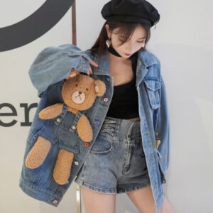Linda jaqueta jeans de urso com design tridimensional 3D urso kawaii
