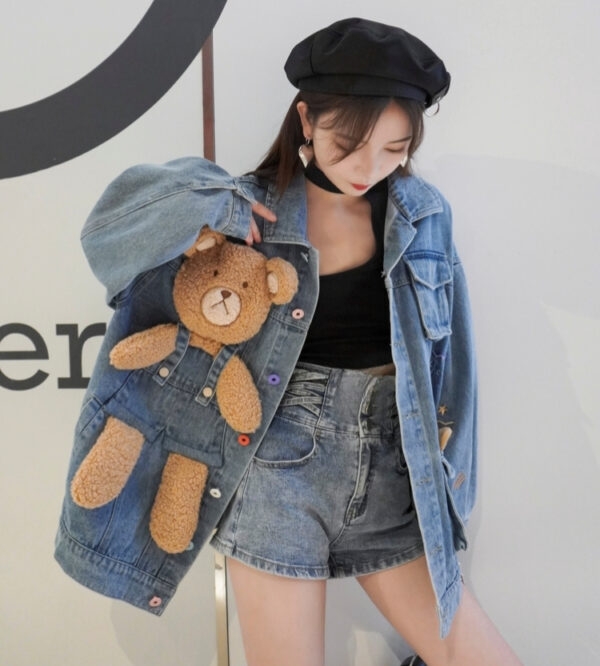 Linda jaqueta jeans de urso com design tridimensional 3D 5