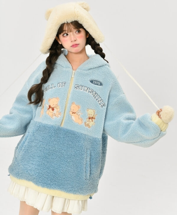 Cute Blue Soft Girl Style Bear Embroidery Hoodie 4