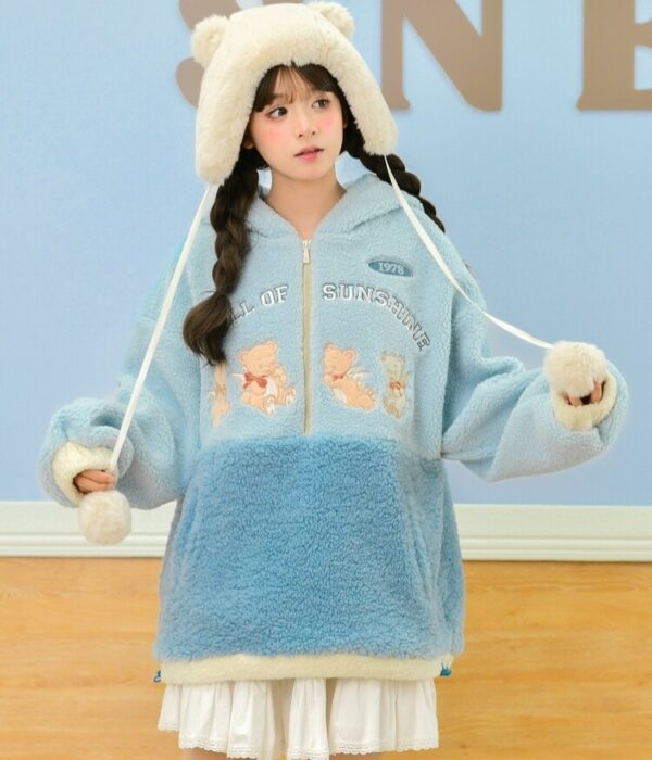 Cute Blue Soft Girl Style Bear Embroidery Hoodie 5