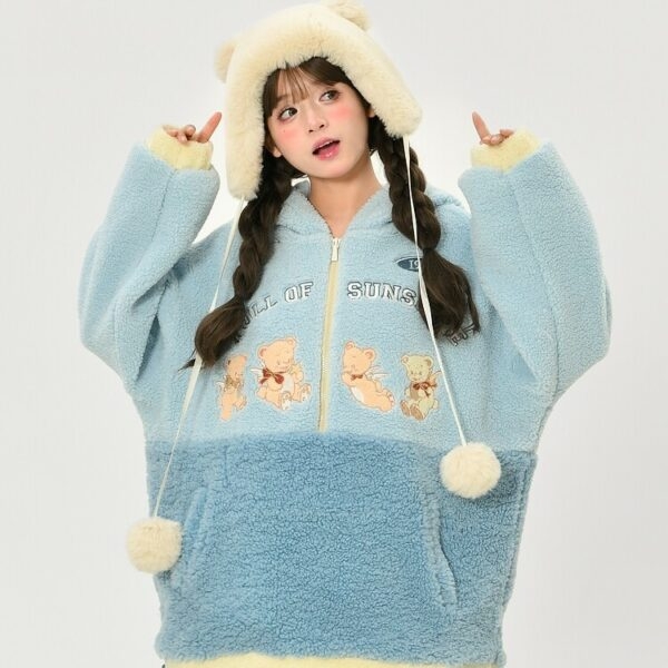 Cute Blue Soft Girl Style Bear Embroidery Hoodie 1