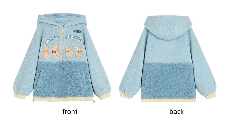 Cute Blue Soft Girl Style Bear Embroidery Hoodie