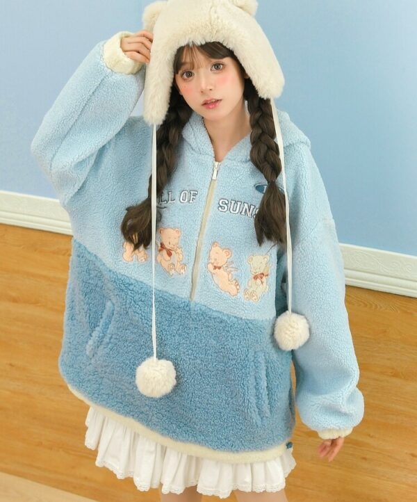 Cute Blue Soft Girl Style Bear Embroidery Hoodie 2
