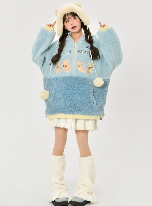 Cute Blue Soft Girl Style Bear Embroidery Hoodie 3