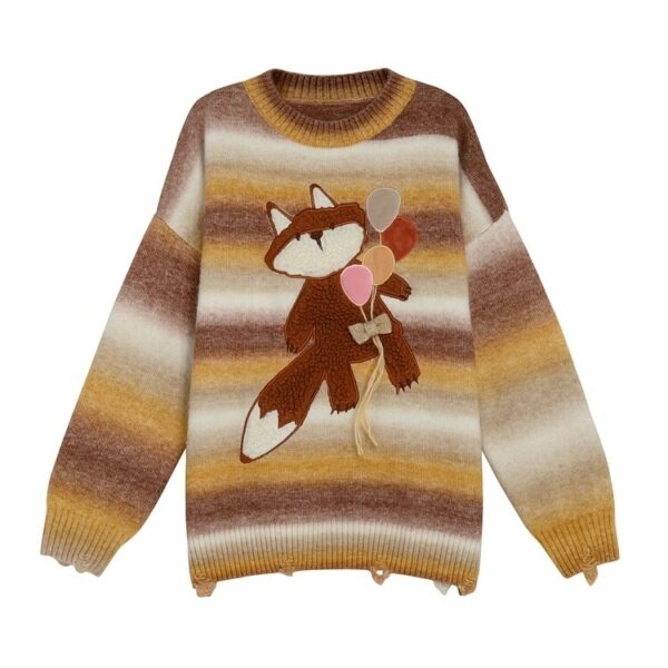 Cute Gradient Rainbow Striped Cartoon Fox Embroidered Sweater Embroidered kawaii