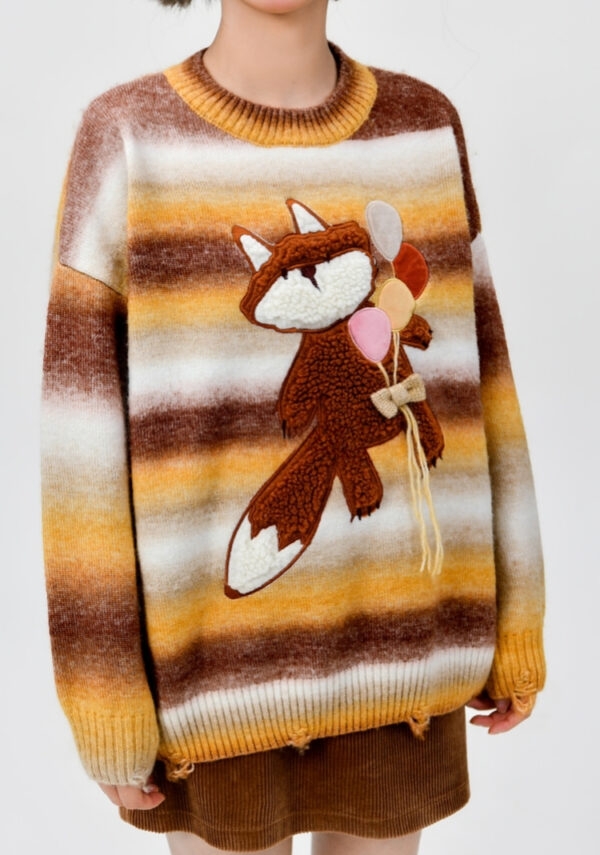 귀여운 그라데이션 무지개 줄무늬 만화 여우 자수 스웨터 자수 귀엽다