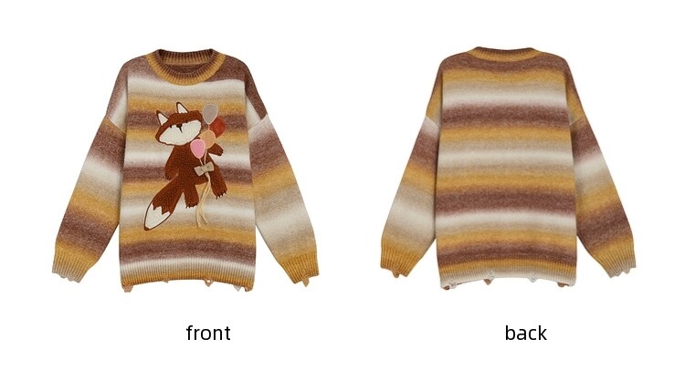 Suéter bordado con zorro de dibujos animados a rayas arcoíris degradado lindo