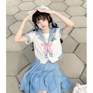 Cute Japanese Light Blue JK Sailor Uniform Skirt Suit autumn kawaii