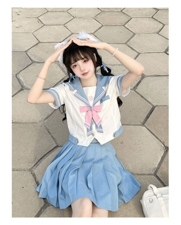 Söt japansk ljusblå JK Sailor Uniform Skirt Suit höst kawaii