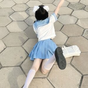 Söt japansk ljusblå JK Sailor Uniform Skirt Suit höst kawaii