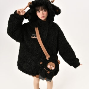 Kawaii Cute Black Three-Dimensional Lamb Hooded Thick Coat autumn kawaii