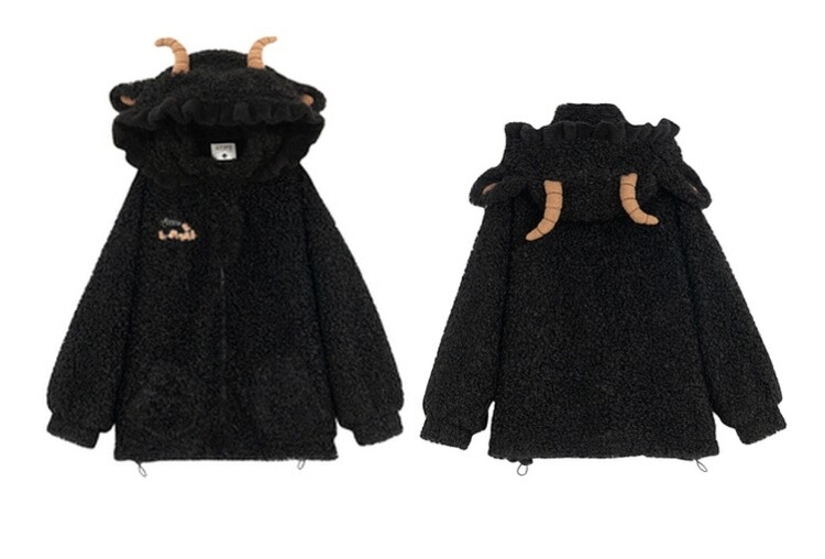 Kawaii Cute Black Three-Dimensional Lamb Hooded Thick Coat