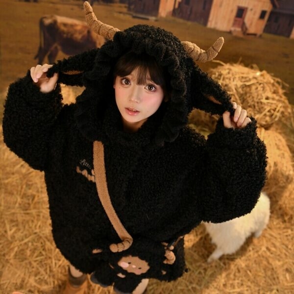 Kawaii Cute Black Three-Dimensional Lamb Hooded Thick Coat autumn kawaii