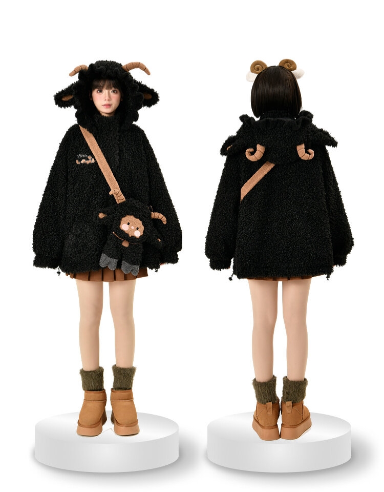 Kawaii Cute Black Three-Dimensional Lamb Hooded Thick Coat
