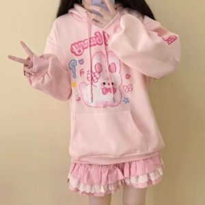 Kawaii Pink Bunny Print Hoodie All-match kawaii