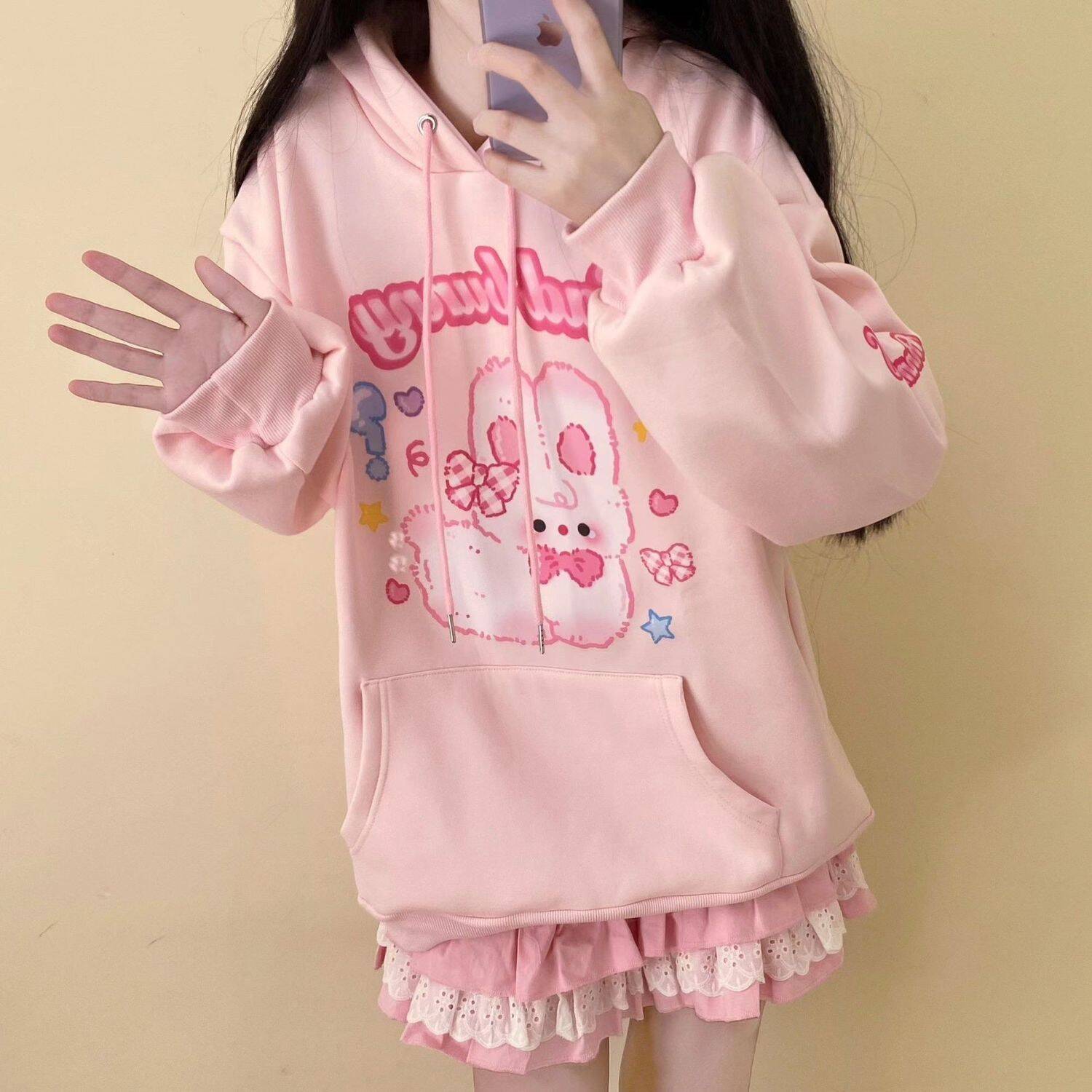 Moletom com estampa de coelho rosa Kawaii - Loja de moda Kawaii