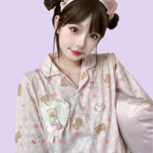 Kawaii Розовый японский пижамный комплект с принтом медведя из мультфильма медведь каваи