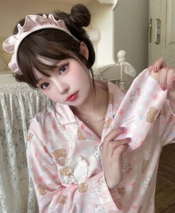 Kawaii Pink Japanese Cartoon Bear Print Pajama Set bear kawaii