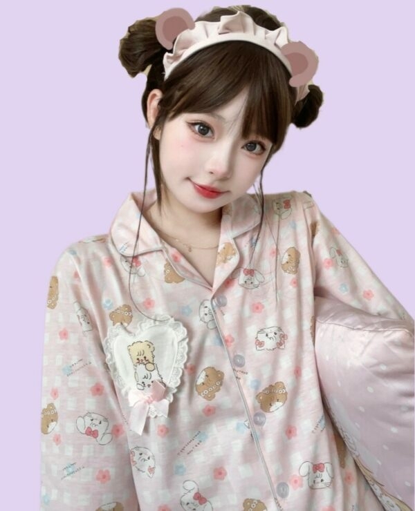 Kawaii Pink Japanese Cartoon Bear Print Pajama Set bear kawaii
