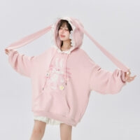 Kawaii roze lange hoodie met konijnenoren Konijnenoren kawaii