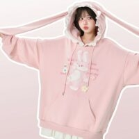 Kawaii roze lange hoodie met konijnenoren Konijnenoren kawaii