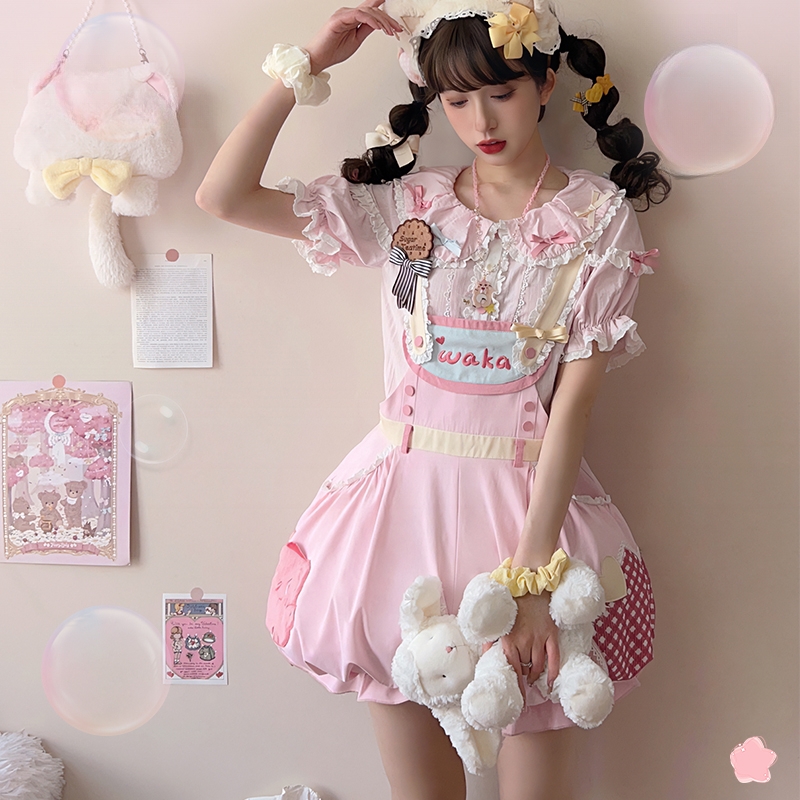 Costume salopette lolita rose doux et mignon Kawaii