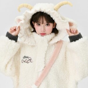 Sudadera con capucha con diseño de ovejita blanca de dibujos animados Kawaii