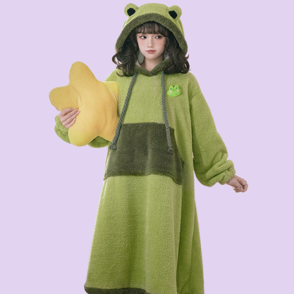 Niedlicher doppelseitiger Samt-Frosch-Pyjama Herbst kawaii