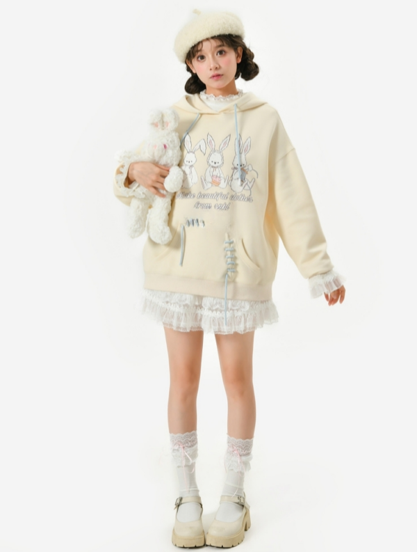 Cute Soft Girl Style Yellow Cartoon Rabbit Print Sweatshirt Long Sleeve kawaii