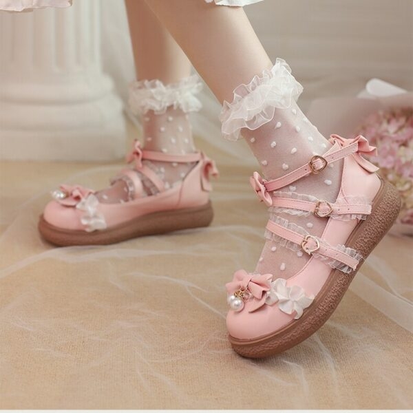 أحذية لوليتا المسطحة ذات القوس الوردي الياباني كاواي ياباني