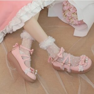 أحذية لوليتا المسطحة ذات القوس الوردي الياباني كاواي ياباني
