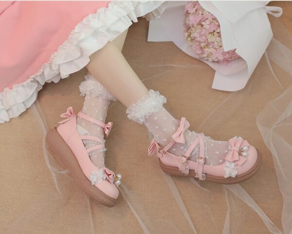 Zapatos japoneses planos de lolita con lazo rosa kawaii japonés