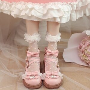 Japanische flache Lolita-Schuhe mit rosa Schleife, japanisches Kawaii