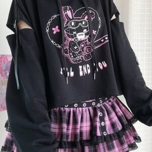 Czarna bluza z kapturem Kawaii w ciemnym stylu jesienne kawaii