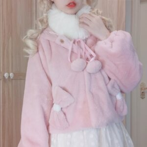 Kawaii японское розовое плюшевое пальто с капюшоном осень каваи