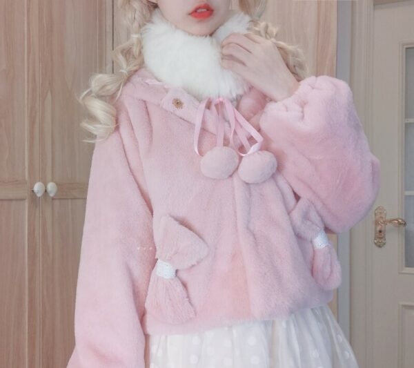 Kawaii японское розовое плюшевое пальто с капюшоном осень каваи