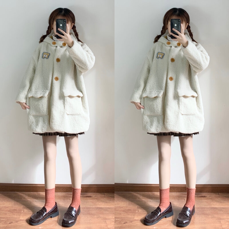 Универсальное японское пальто Kawaii из овечьей шерсти