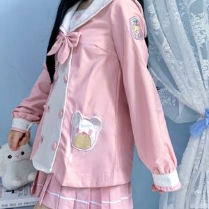 Terno uniforme JK bordado urso rosa Kawaii Kawaii fofo