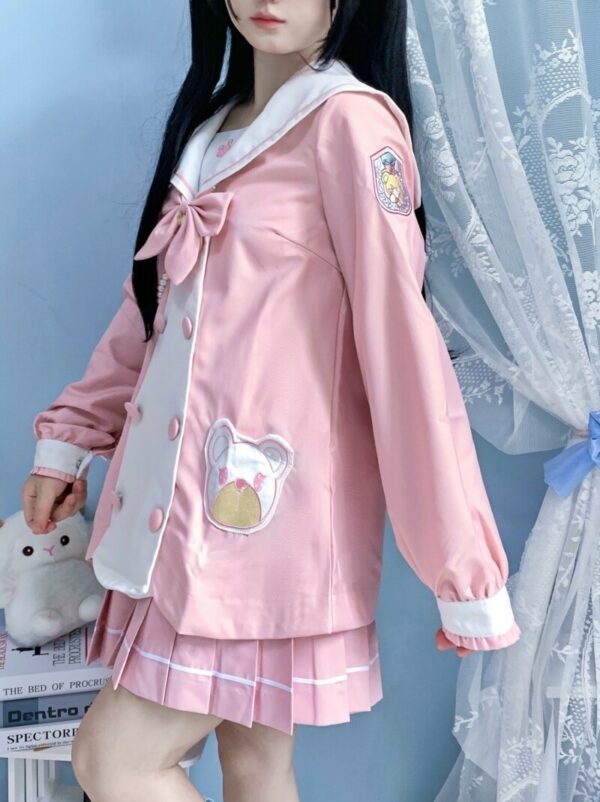 Kawaii różowy niedźwiedź haftowany mundur JK Śliczne kawaii