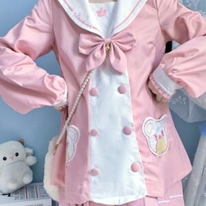 Terno uniforme JK bordado urso rosa Kawaii Kawaii fofo