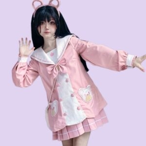 Kawaii różowy niedźwiedź haftowany mundurek JK śliczny kawaii