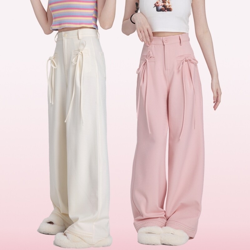 Kawaii Sweet Pink High-Waisted Straight Pants - Pink, S