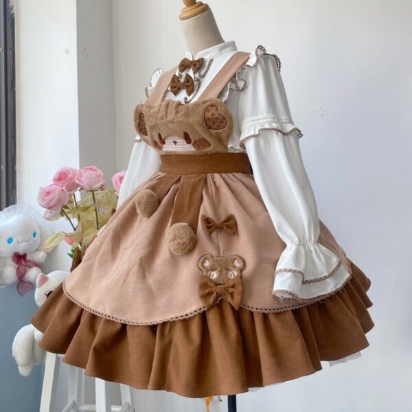 Terno de saia Lolita bordada com urso estilo doce Kawaii urso kawaii