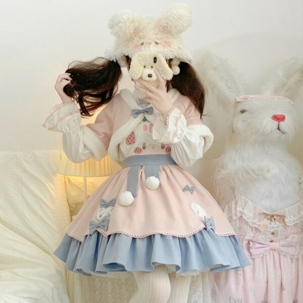 Terno de saia Lolita bordada com urso estilo doce Kawaii urso kawaii