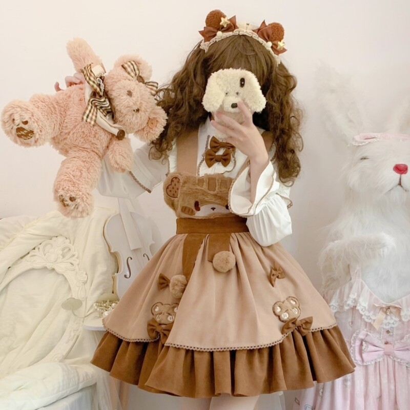 Vestido relaxante de urso kawaii, bordado de urso, lolita, rilukkuma, saia  geral, chapéu, kawaii japonês, roupas fofas, saias harajuku - AliExpress